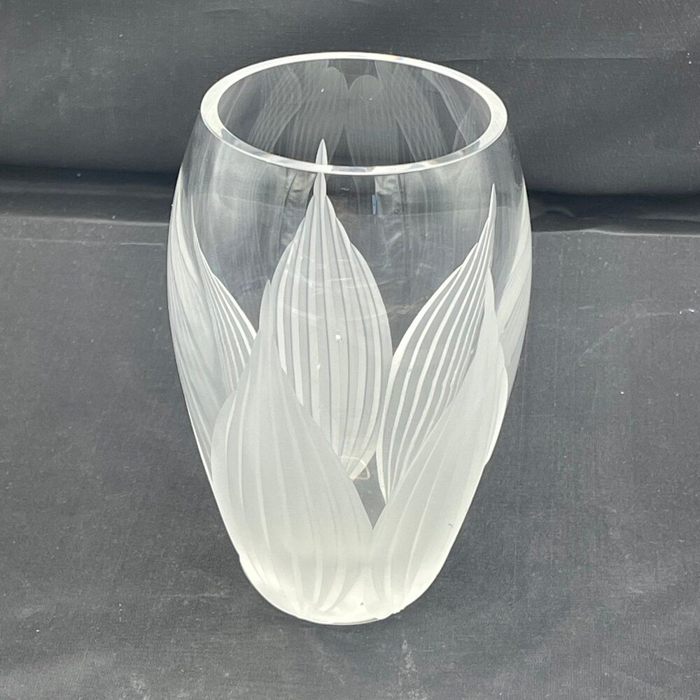 Lenox Frosted Clear Art Glass Floral Vase Etched Tulip Design